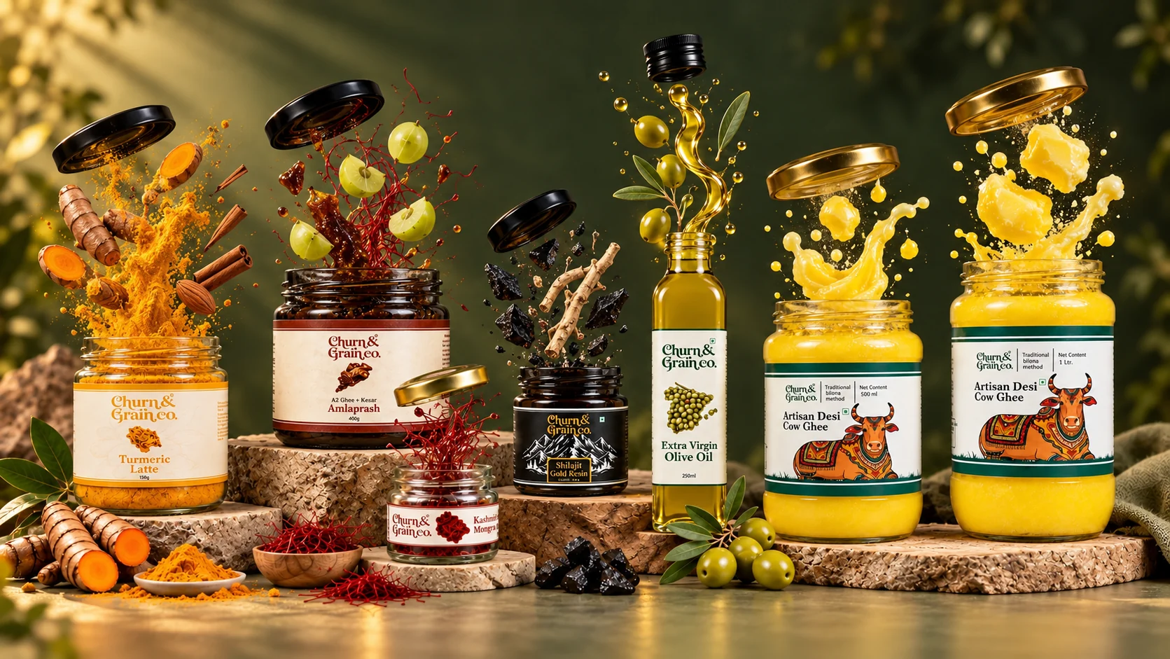 Churn and Grain's labelled pantry with saffron, turmeric, olives, amla and golden ghee ingredients rising above their open containers