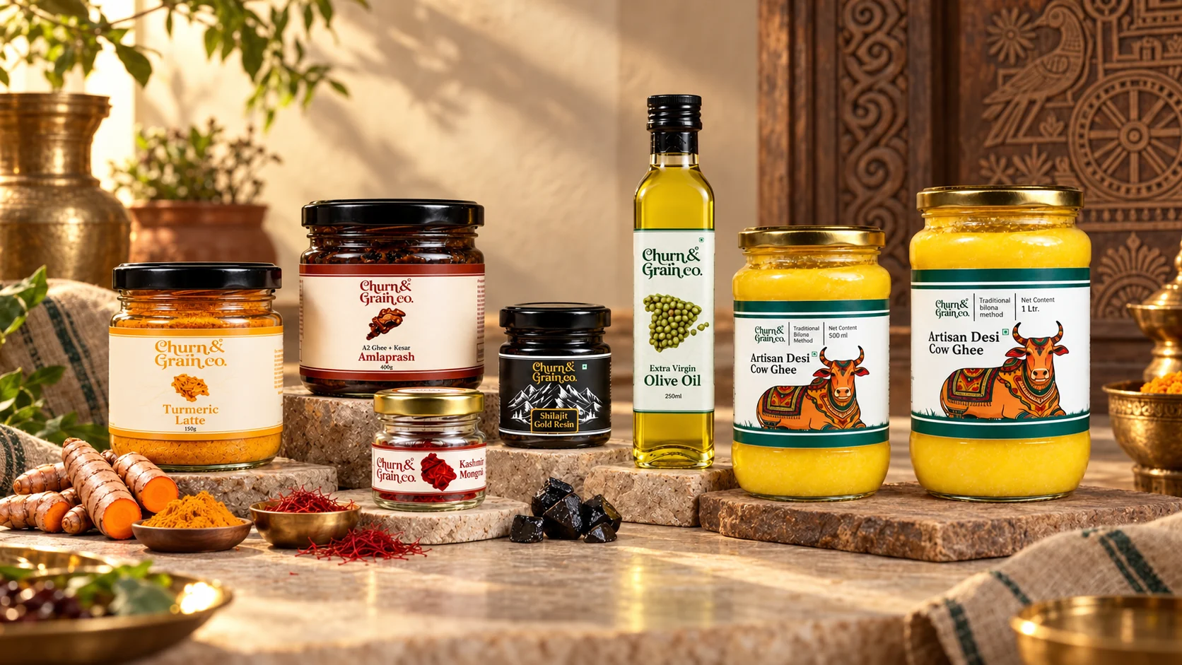 A cinematic still life of the complete Churn and Grain pantry