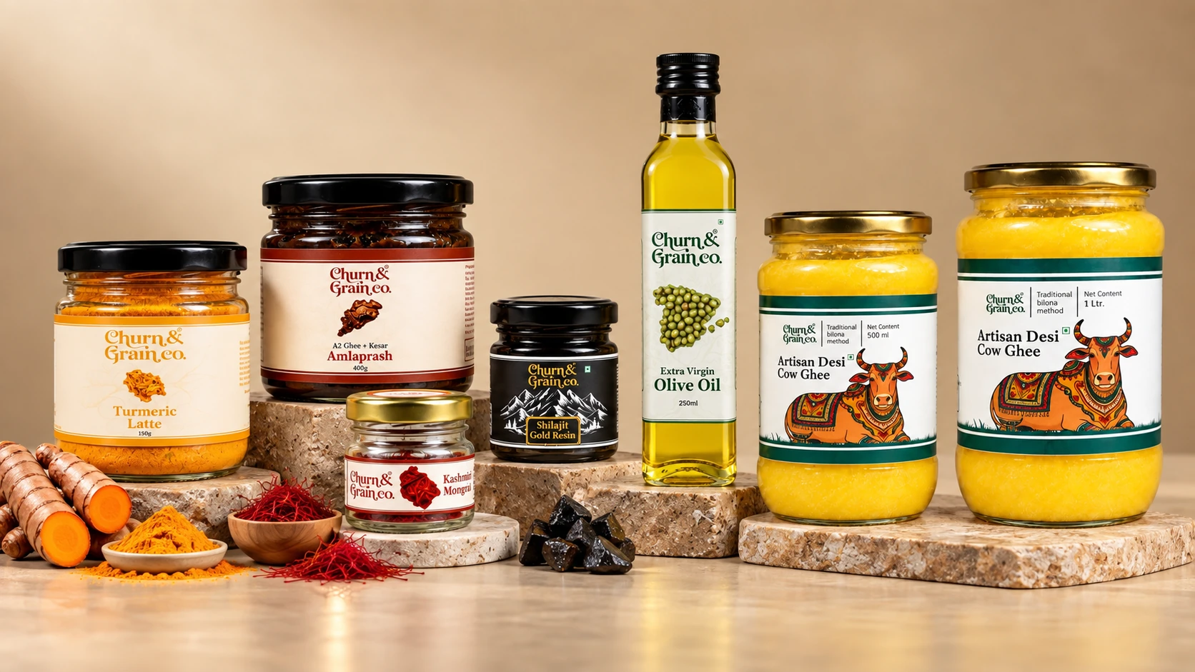 The labelled Churn and Grain pantry, from Artisan ghee to daily essentials