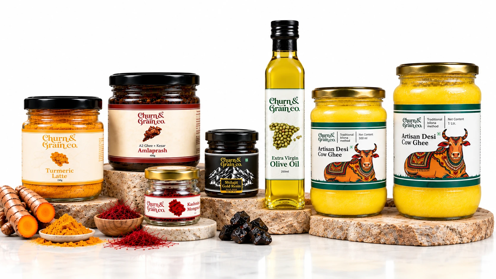 The complete Churn and Grain pantry in a cinematic studio