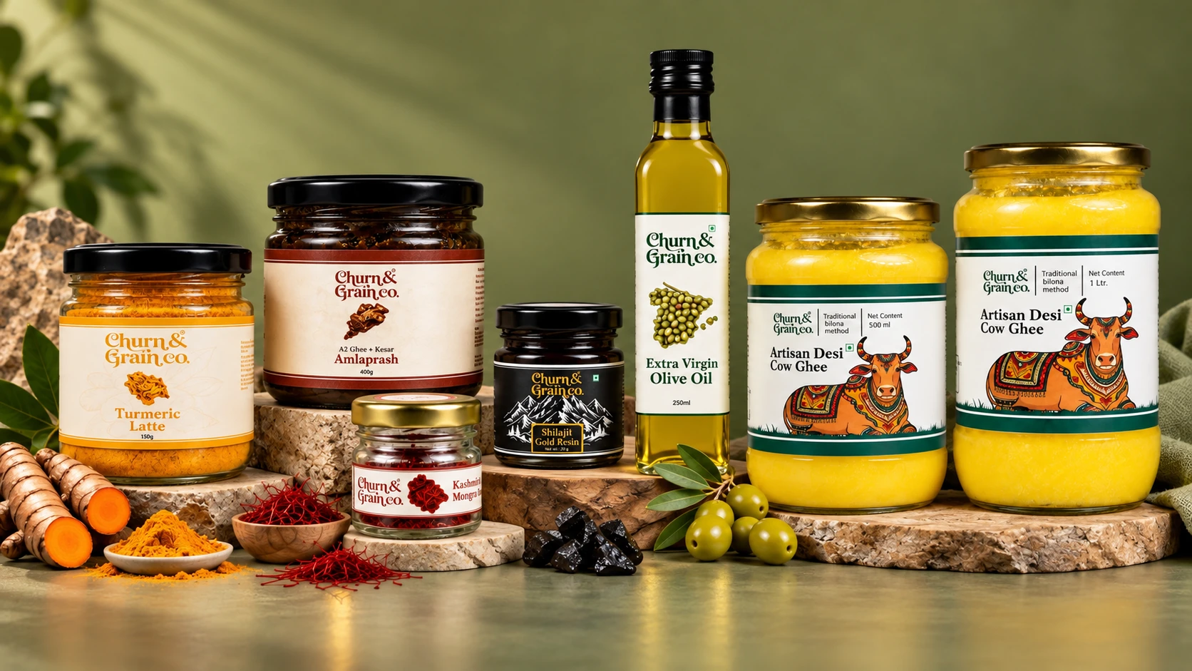 The Churn and Grain range, presented together in a natural green setting