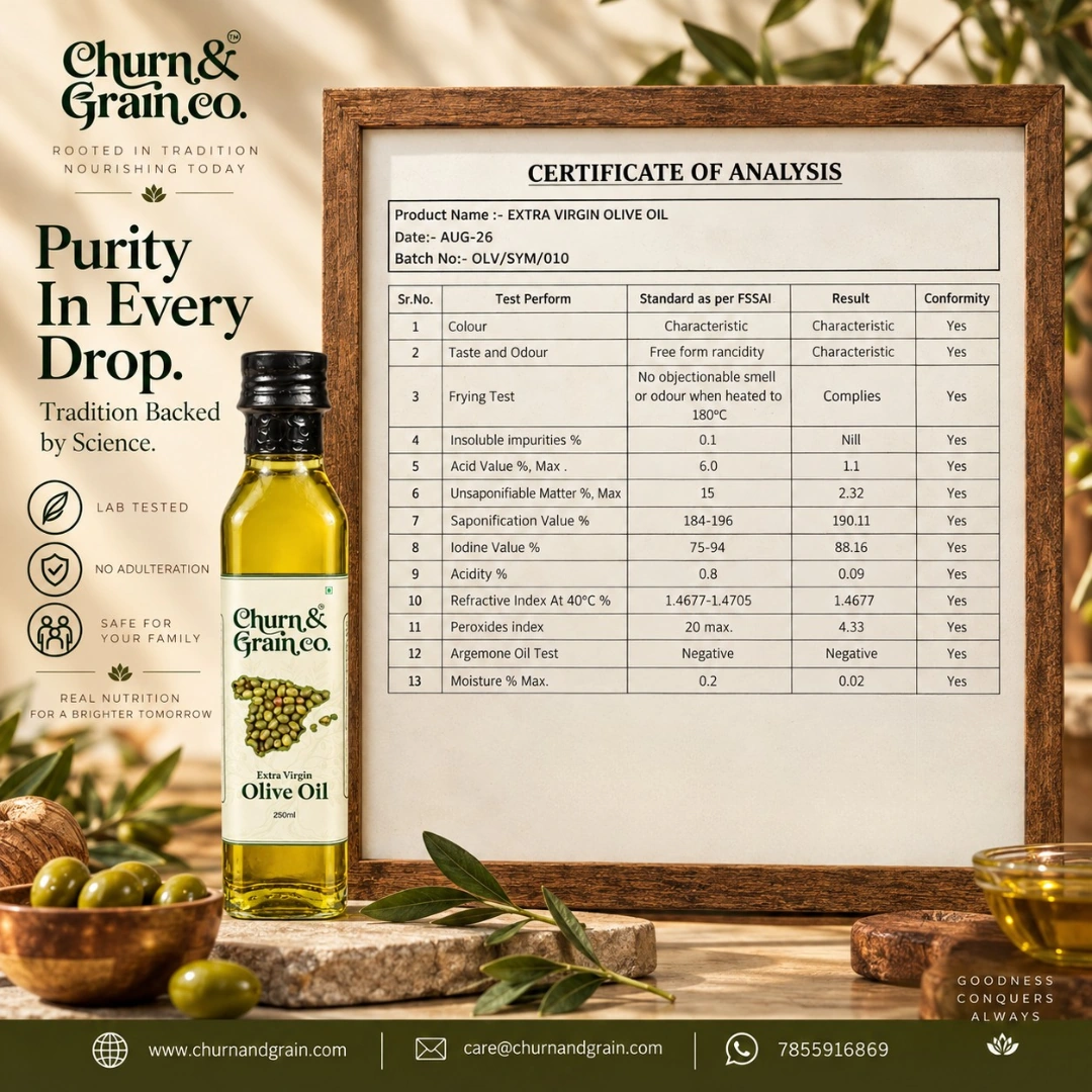 Extra Virgin Olive Oil: brand-supplied certificate of analysis and product photograph