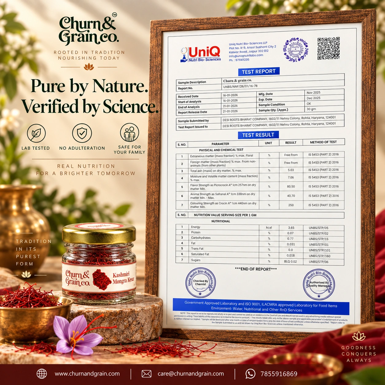 Kashmir Mongra Kesar: brand-supplied certificate of analysis and product photograph