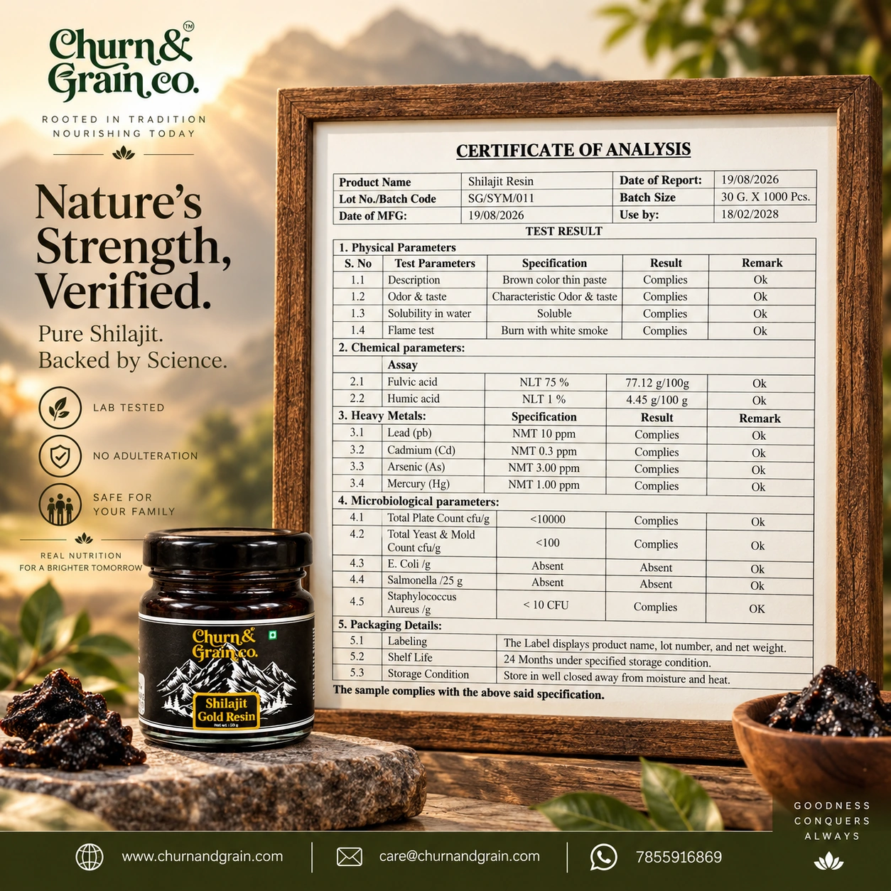 Shilajit Gold Resin: brand-supplied certificate of analysis and product photograph