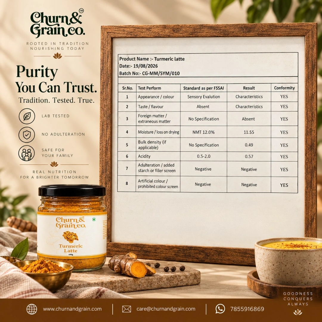 Turmeric Latte: brand-supplied certificate of analysis and product photograph